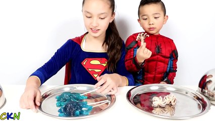 Superhero GUMMY Vs REAL FOOD Spiderman Vs Supergirl Challenge Ckn Toys
