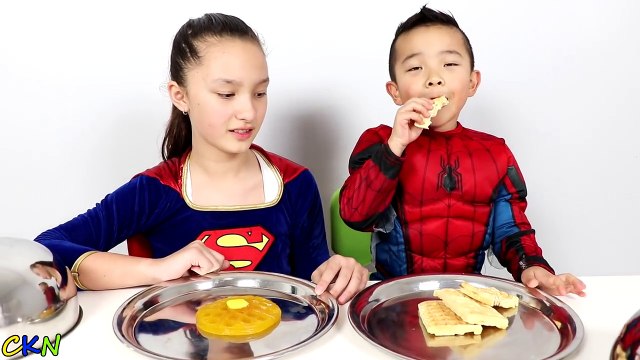 Superhero GUMMY Vs REAL FOOD Spiderman Vs Supergirl Challenge Ckn Toys