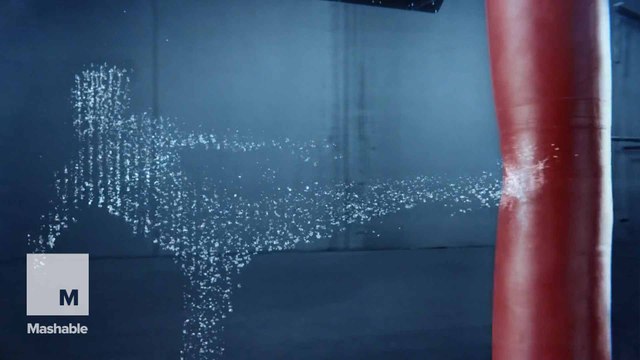 Water droplets were animated in midair to create a life-sized human figure for an ad