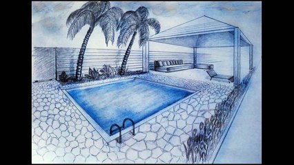 How to draw - two point perspective - villa, garden with pool