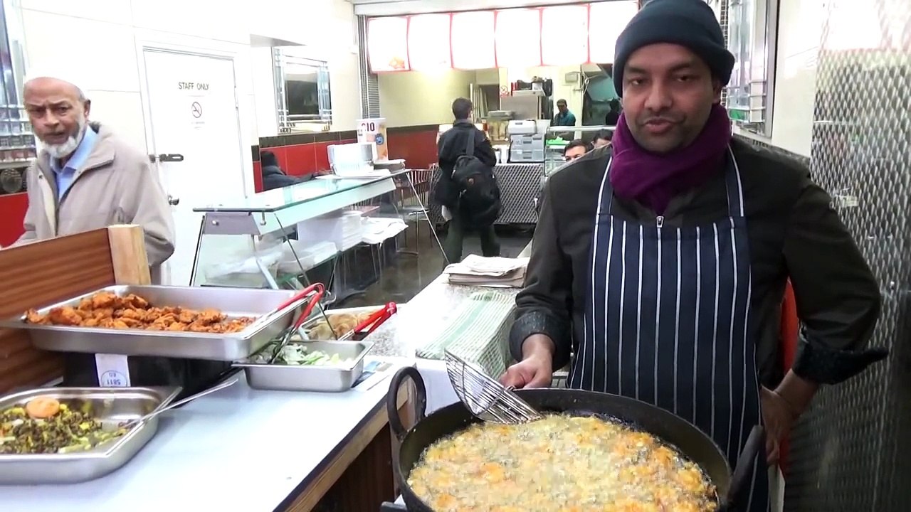Indian Street Food  Dal Pakoras (Bhajias) at Bismillah Bangladeshi Restaurant, Whitechapel, London.