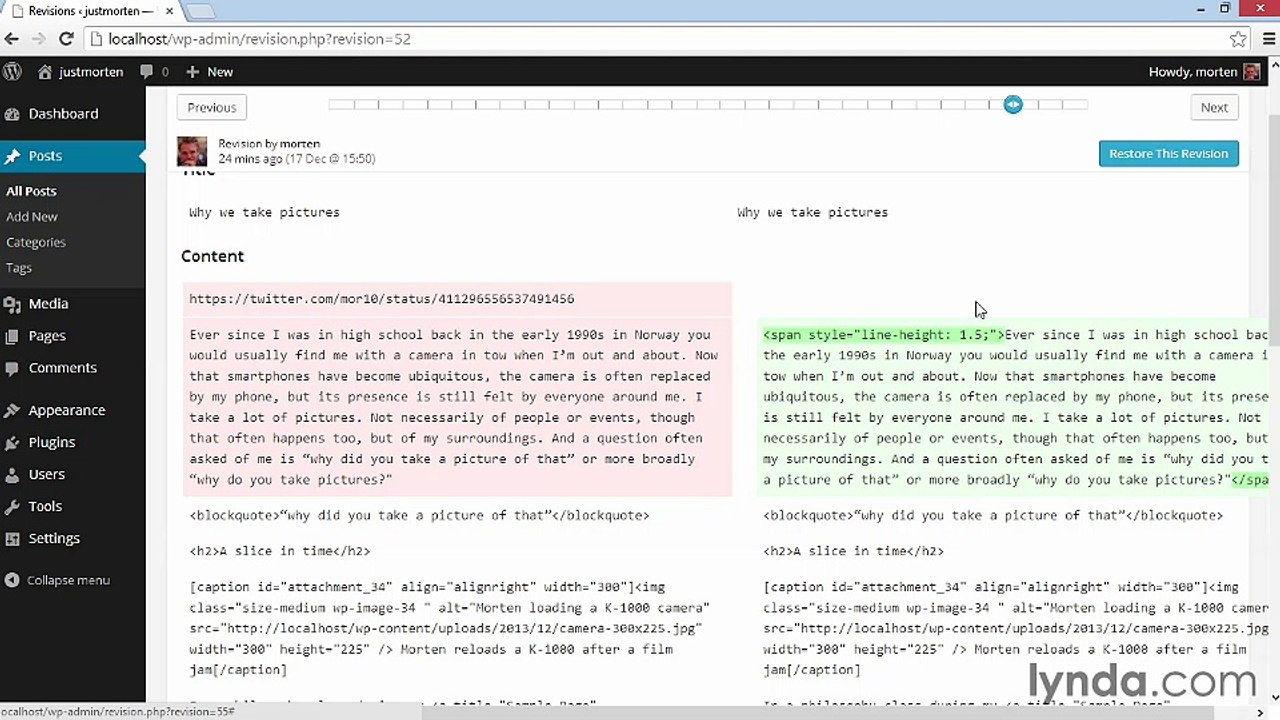 Comparing and Restoring old Revisions of your posts on your site