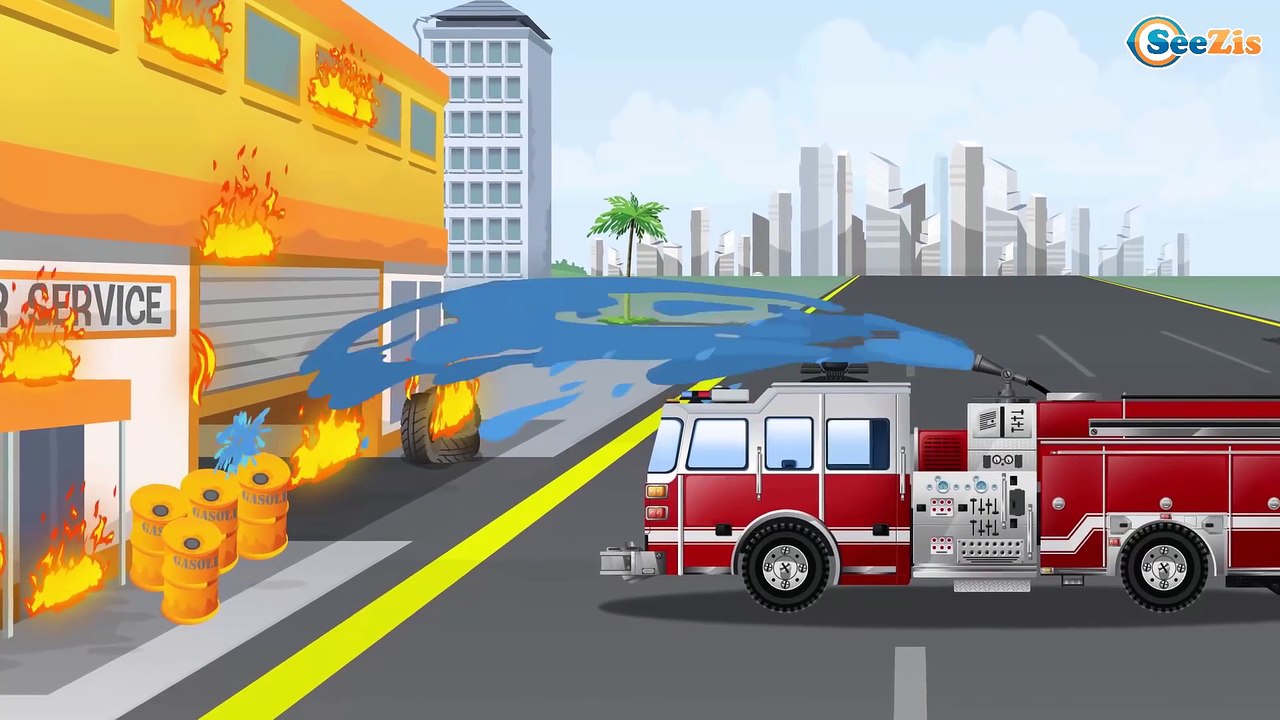Red Fire Truck & Police Car & Emergency Cars - Fire in the Car Service! Kids Animation