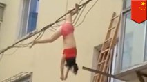 Defying Death: Woman dangles from power line in underwear after nearly falling to death - TomoNews