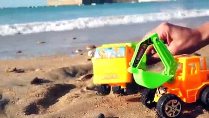 Toy cars on a beach. Videos for children & toy truck videos. Toy excavator & toy