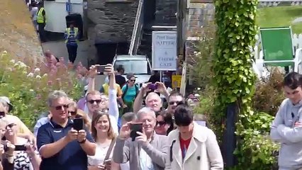 A little girl interupts Caroline Catz filming a scene from Doc Martin.