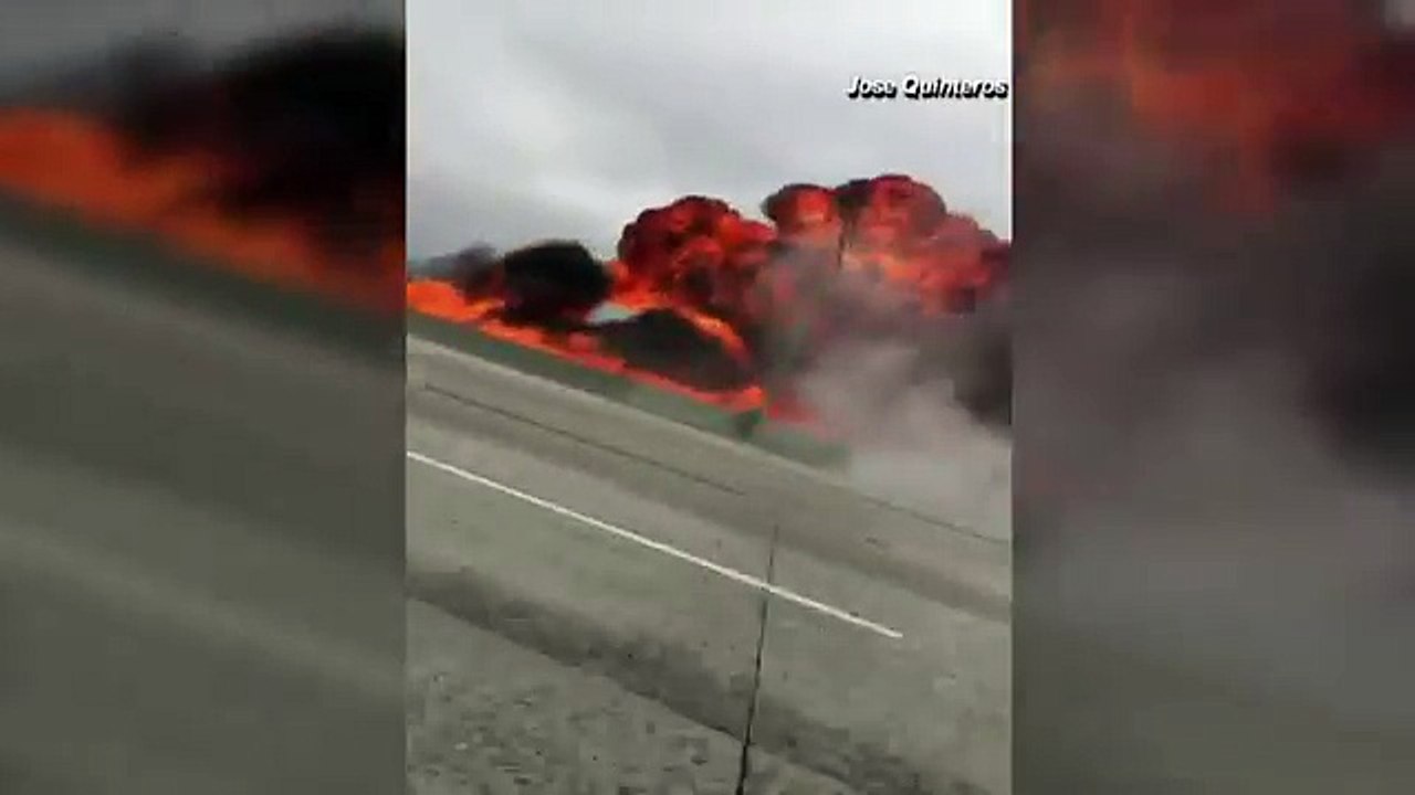 Plane crashes into truck on US freeway in Los Angeles