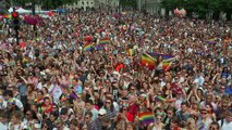 Police officer is proposed to at London Pride