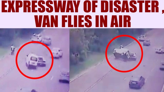 Lamborghini car rams into van on Noida Expressway, van flies in air, Watch Video | Oneindia News
