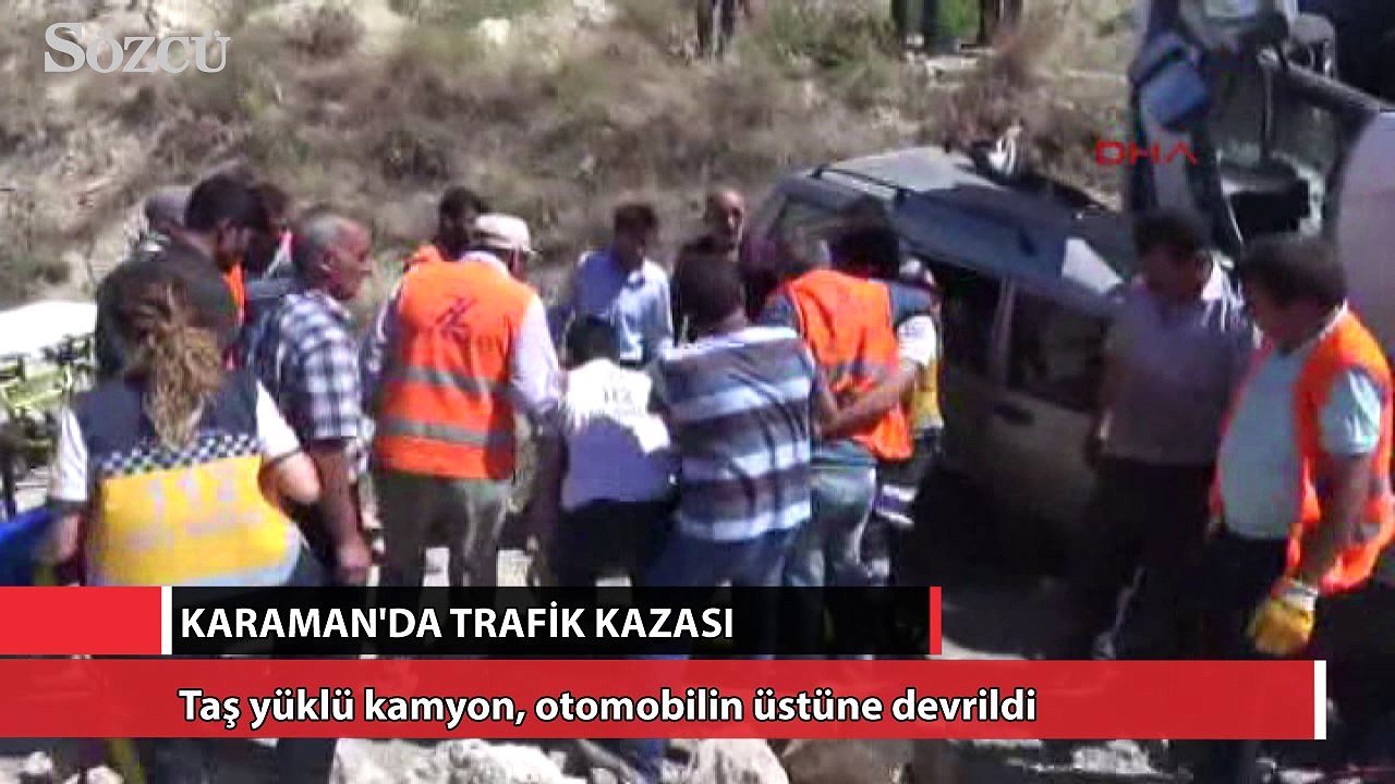 Taş yüklü kamyon, otomobilin üstüne devrildi