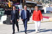 Conférence de presse conjointe d'Emmanuel Macron, Angela Merkel et Paolo Gentiloni le mercredi 12 juillet 2017 au sommet des balkans occidentaux à Trieste.