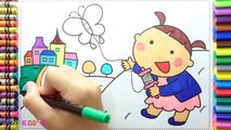 Baby Flying Kite, How to Draw Baby Girl Colorful for Children - Coloring Pages Videos For Kids