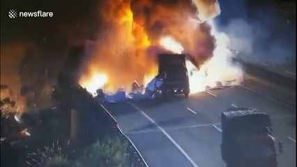 Massive explosion when lorries collide on Chinese motorway