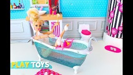 Barbie doll morning routine for Sports Day w/ baby dolls Chelsea & Annabel in dollhouse & pink car