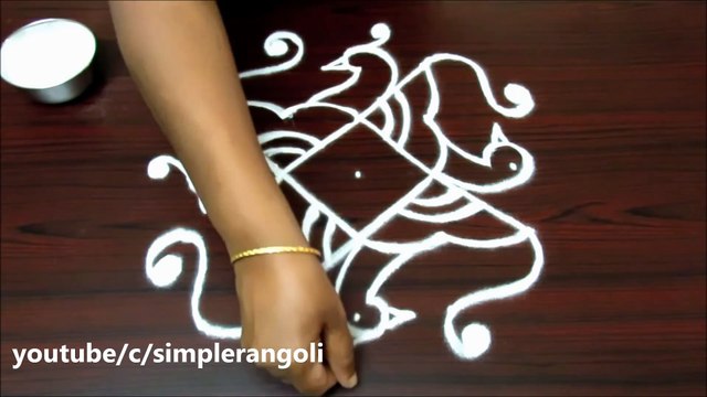 simple peacock rangoli designs with 5x3 dots, friday muggulu with dots, kolam designs with colours