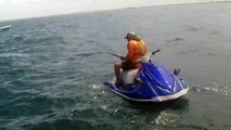 Un homme attrape un énorme mérou goliath pendant la pêche sur jet ski dans les mers agitées de Floride