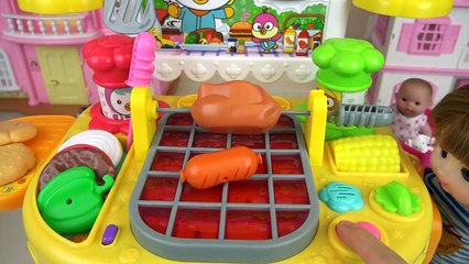 Baby doll and grill kitchen food cooking toys play