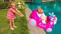 Bad Baby Doll ride in pool by baby car - Fun Nursery Rhymes Songs for children, babies and toddlers