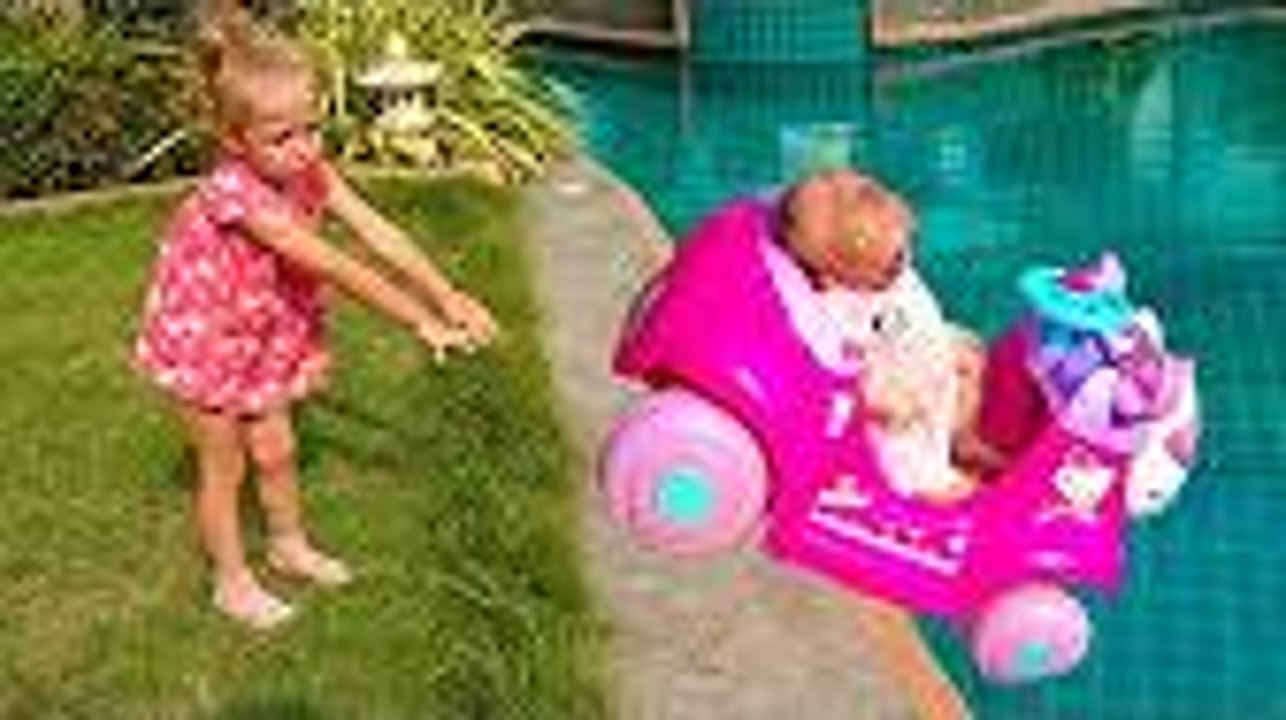 Bad Baby Doll ride in pool by baby car - Fun Nursery Rhymes Songs for children, babies and toddlers