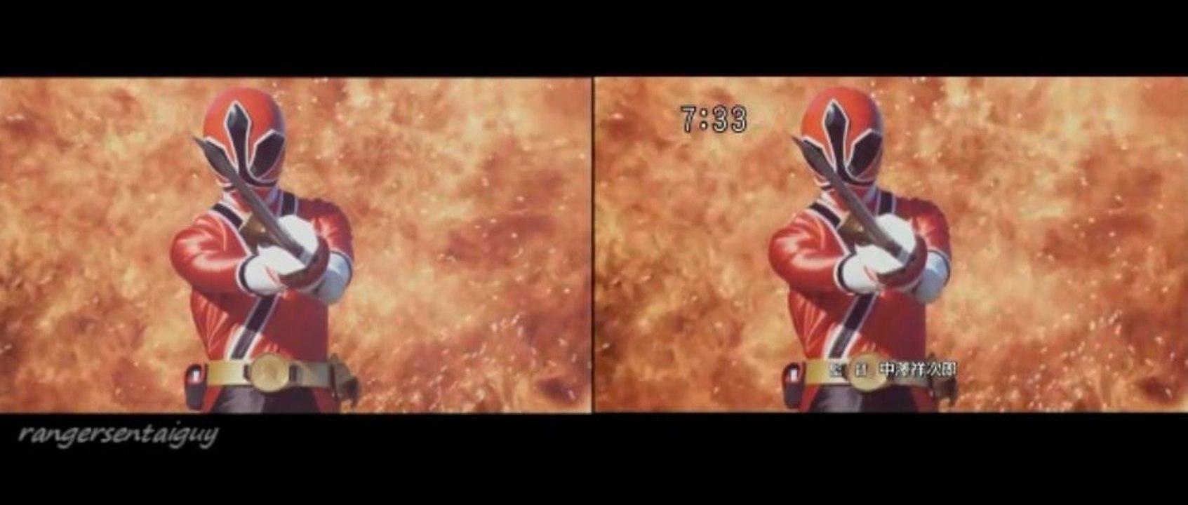 PR Samurai Red Ranger First Appearance Split Screen (PR and Sentai version)