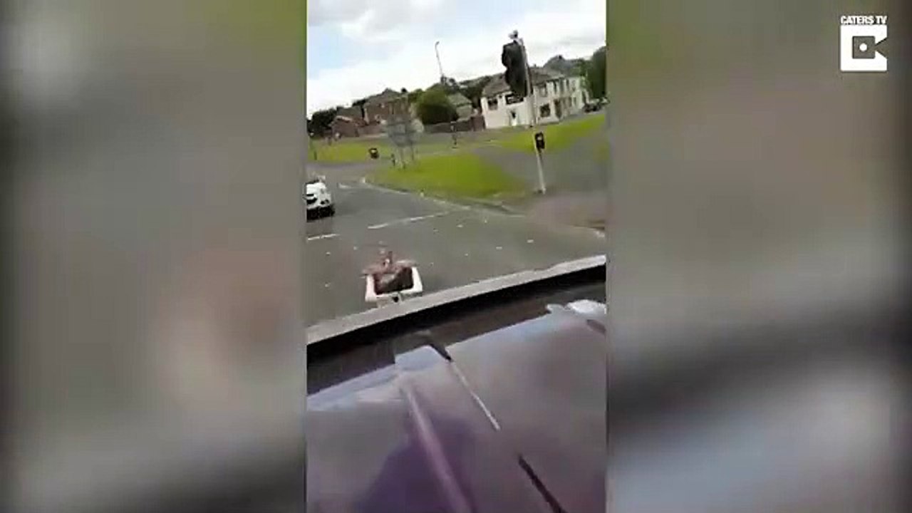 Accroché à une voiture dans une baignoire, une bière à la main... WTF