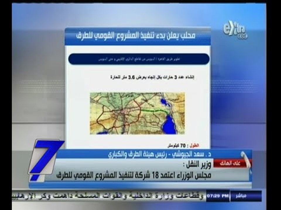 #السابعة | وزير النقل : مجلس الوزراء اعتمد 18 شركة لتنفيذ المشروع القومي للطرق