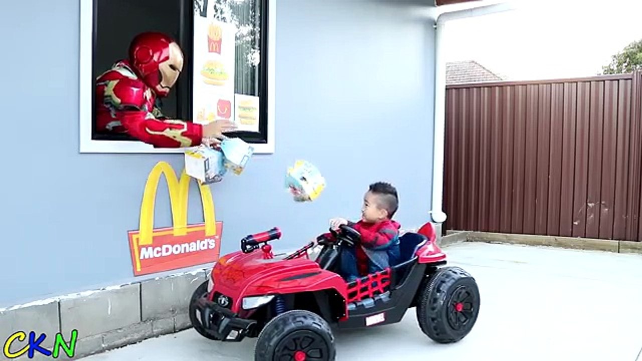 Bad Baby McDonalds Drive Thru Prank With 3 Spider Man Electric Ride On Ckn Toys