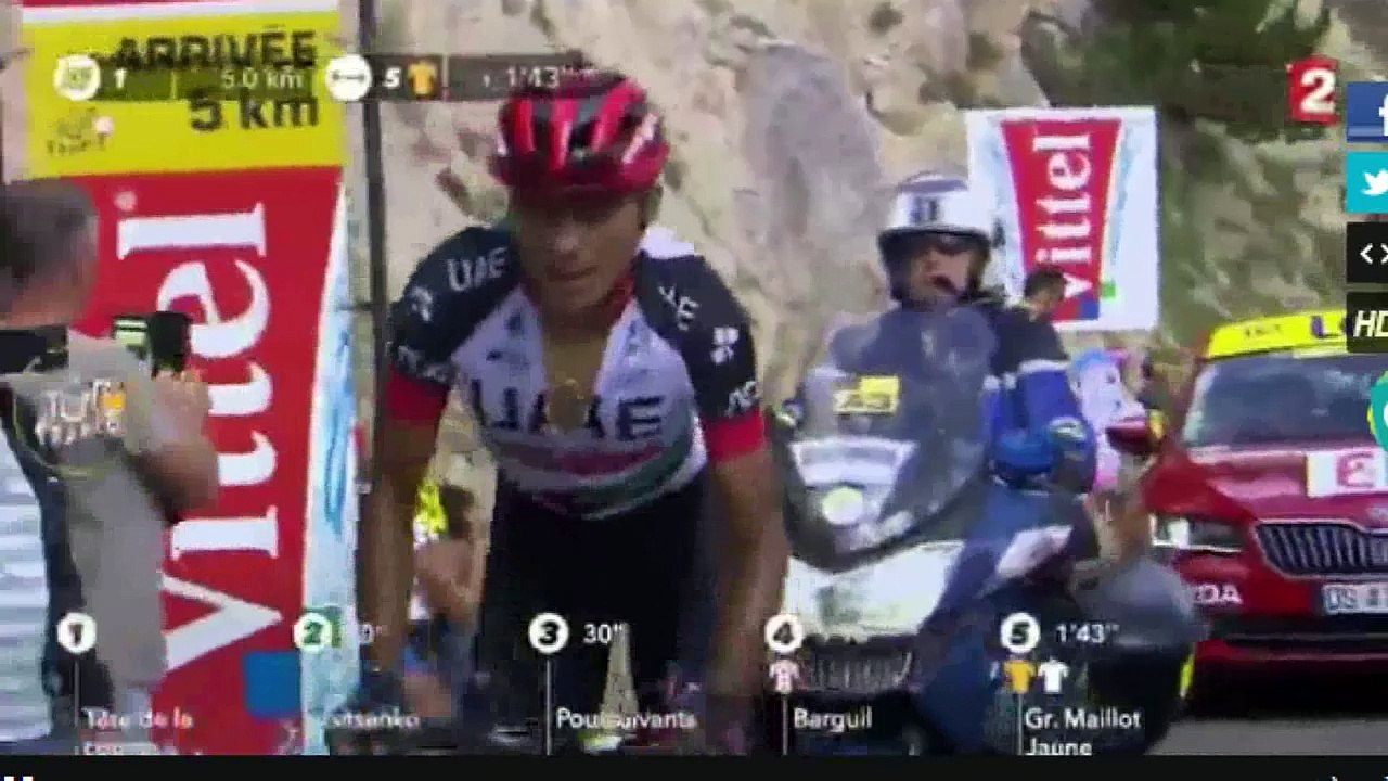 Trop près d'un coureur, un spectateur se fait dégager par un Gendarme dans le col Izoard! Regardez