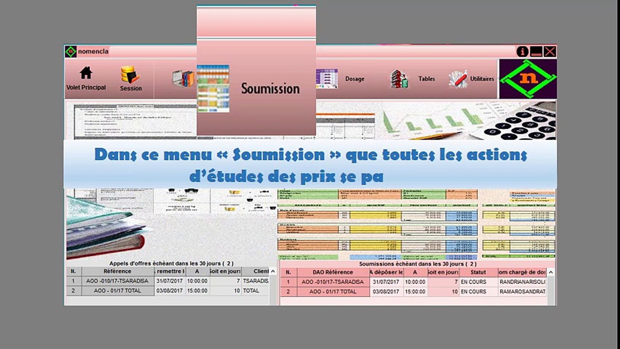 Se familiariser avec l'interface du logiciel de prix NOMENCLA