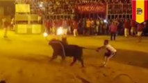 Bull lit on fire runs headfirst into pole and commits suicide