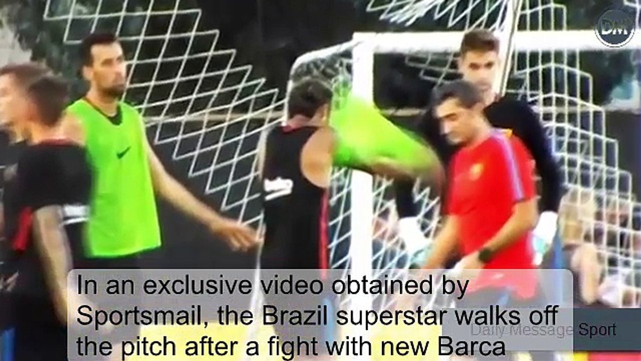 Neymar fights with team-mate Nelson Semedo during Barcelona training