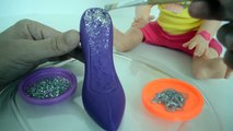 Barbie gets a Sparkle Glitter Elsas Frozen Play-doh high hells Shoes!!! BananaKids
