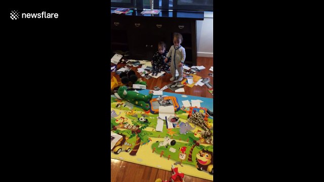 Naughty triplets making a mess caught red-handed by father