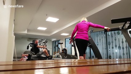 Hilarious moment gym goer falls off treadmill