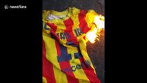 Barcelona fan burns Neymar's shirt