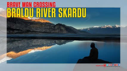 Brave Man Crossing Braldu River In Gilgit Baltistan