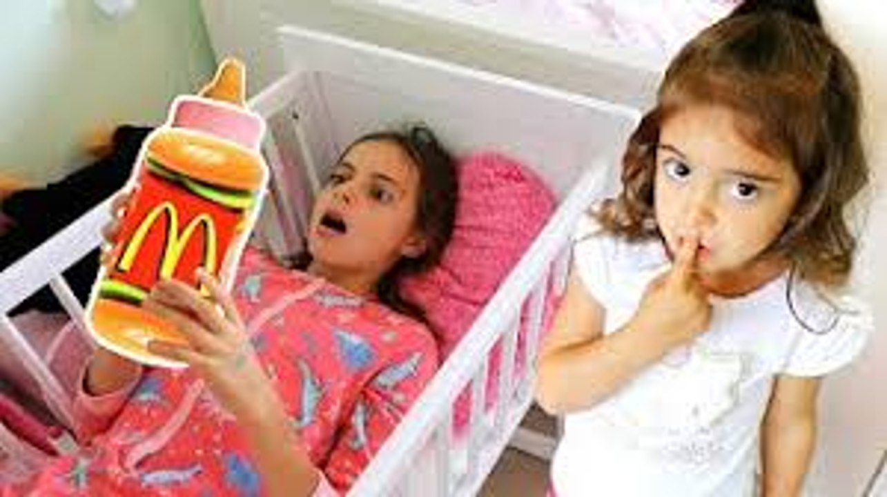 Hungry Crying Baby Drinking GIANT McDonalds Baby Bottles