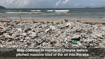 Hong Kong cleans up greasy beaches after palm oil spill