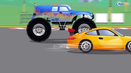 Un Camion Monstruo, Coche de carreras. Carrera LOCA Para Niños. Caricaturas de carros