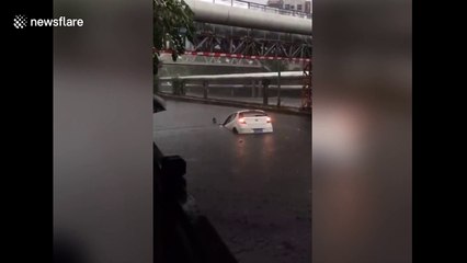 Man plunges into floodwaters to rescue his car