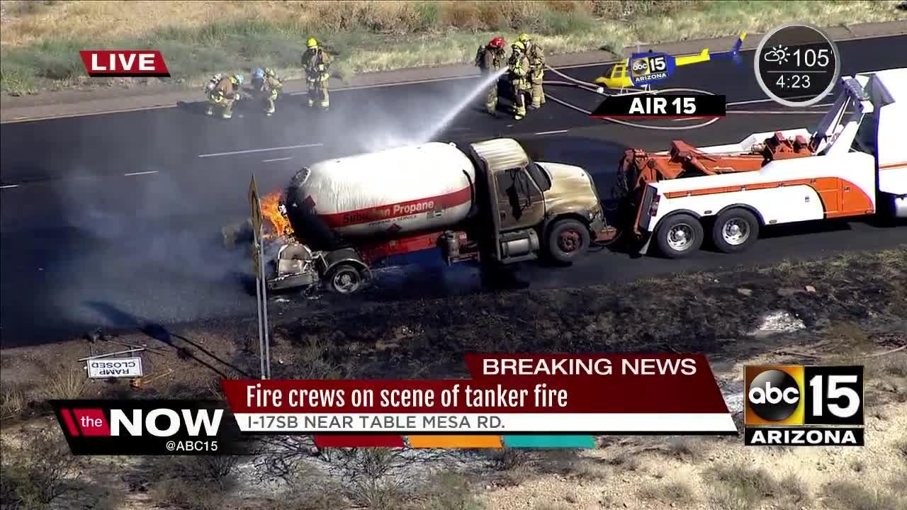 Propane tanker crash sparks brush fire on I-17 north of Valley