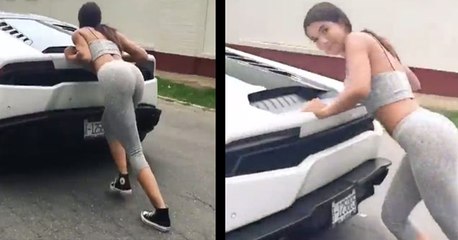 Sexy Girl Pushes The Car While He Just Sits There At Watches...