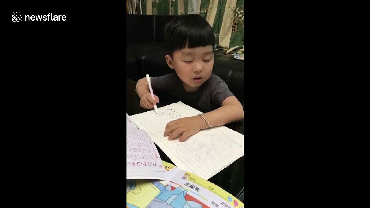 Cute kid falls asleep while doing homework