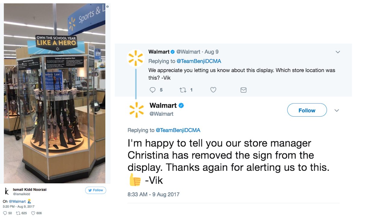 Walmart criticized for back-to-school banner placed over gun display