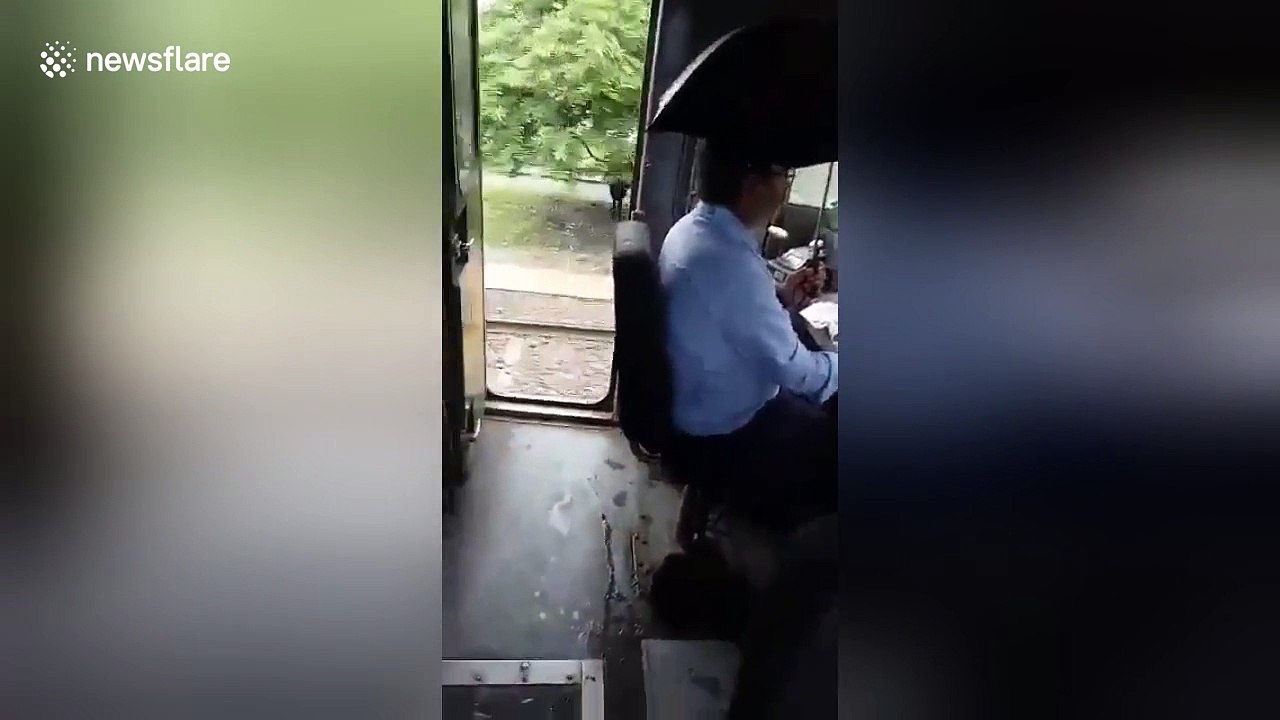 Leaking Indian train forces driver to sit beneath umbrella