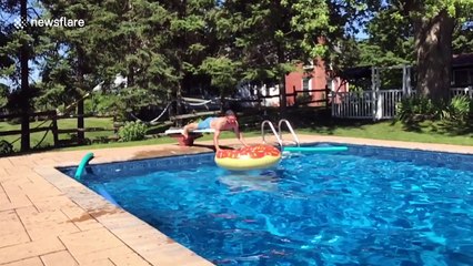 YouTuber pulls off epic somersault into inflatable pool toy