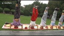 Kung fu masters do headstands while singing