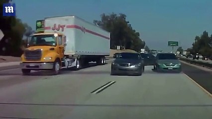 Driver sideswipes car causing it to veer under semi-truck