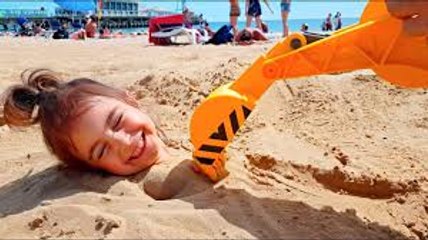 TRAPPED IN SAND! Digging Playtime on the Beach-Construction Trucks for Kids