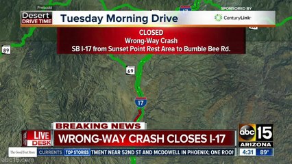 Wrong-way crash closes SB I-17 north of Valley